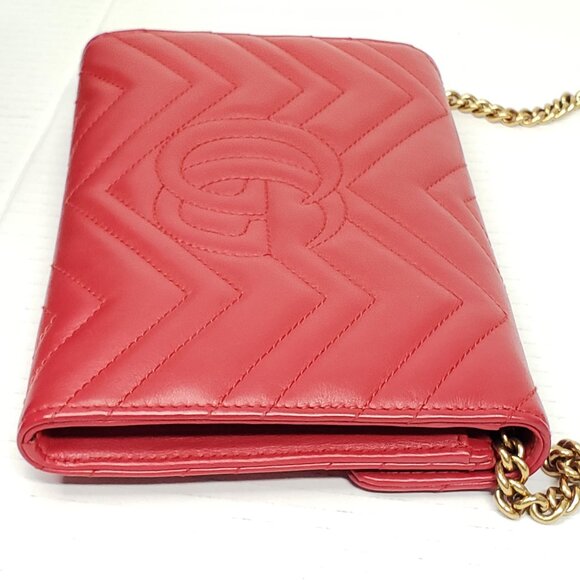 Gucci Marmont Red Chevron Gold Chain Clutch Crossbody Bag 550-100525 - Picture 6 of 16
